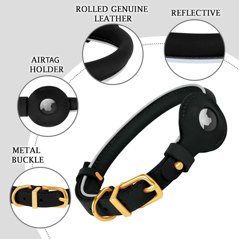 OOPSDOGGY Rolled Leather Dog Collar with Airtag Holder - Reflective Round Airtag Dog Collar - Soft Tracking Pet Collar for Small Dogs Puppy Cats K...