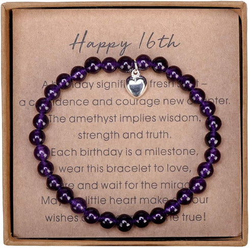Gifts for 16 Year Old Amethyst Bead Bracelet with Sterling Silver Heart Charm Sweet 16 Gifts with Card and Gift Box...