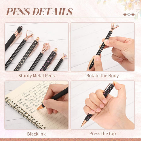 6 Pcs Ballpoint Pens Set Metal Crystal Diamond Pen for Journaling Black Ink Ballpoint Pens Liquid Sand Glitter Pen Fancy Pens Gifts for Woman Girl...