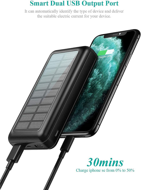 Solar Powered Power Bank - 30000mAh Portable Solar Charger, 2 USB Ports High-Speed Panel External Battery Packs Solar Portable Power Bank for iPho...