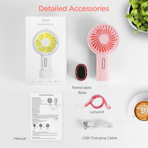 IPOW Mini Handheld Fan Personal Portable Fan 3 Speed Adjustable Angle Removable Base Lanyard USB Recharging Battery Operated Small Desk Cooling Fa...