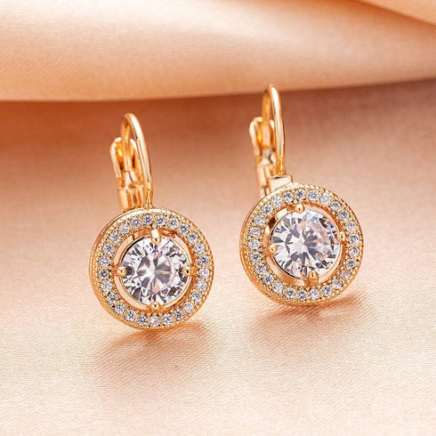 Austrian Crystal Halo Round Drop Leverback Earrings for Women 14K Rose Gold Plated Hypoallergenic Jewelry...