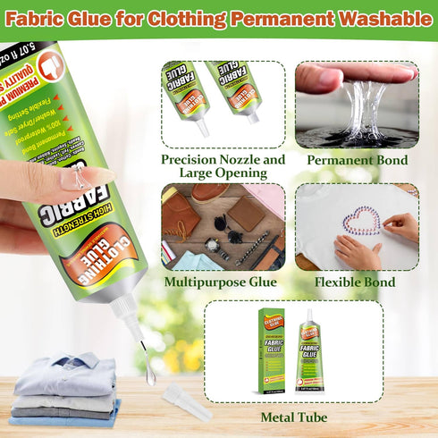 Fabric Glue, Waterproof Clothing Glue Patch Glue Fabric Permanent Adhesive for Rhinestones, Cotton, Felt, Leather, Polyester, Washer/Dryer Safe, 5...