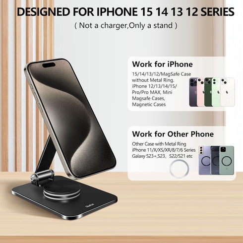 Magnetic Phone Stand Compatible with MagSafe, Foldable Phone Stand for Desk with 360°Rotation Base, Aluminum Cell Phone Stand Compatible for MagSa...