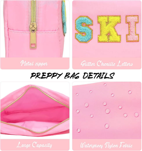 Pink Preppy Patches cosmetic Bag Nylon Makeup Pouch with Chenille Varsity Letter Skin Patch,Makeup Bag Stuff Travel small Toiletry Bag for Women G...