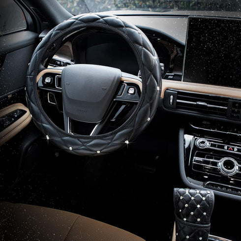 9 Pcs Bling Car Accessories Set for Women, Diamond Steering Wheel Cover, Rhinestone Center Console Pad Seat Safety Belt Pad Handbrake Cover Gear S...