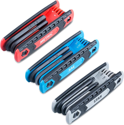 25-Piece Complete Folding Hex Key Wrench Set, Metric 1.5mm - 8mm, SAE 5/64” - 1/4”, Star T9 - T40 | Cr-V Steel, Precise and Chamfered Tips | 3 Pac...
