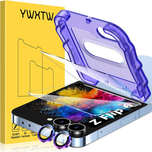 YWXTW EZ Alignment for Samsung Galaxy Z Flip 6 Screen Protector, 2 PCS Front Tempered Glass Cover Screen Protector+1 Set Camera Lens Protector, Bu...