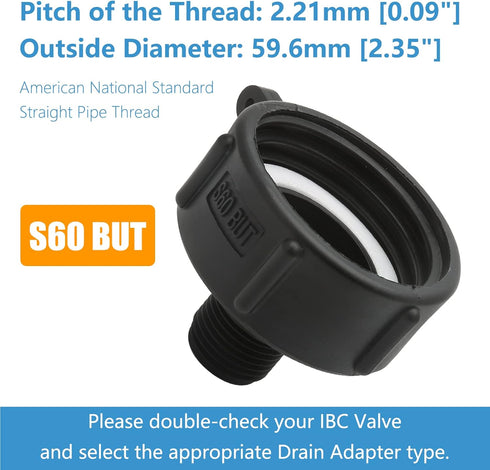 275 330 Gn IBC Tote Tank Food Grade Drain Adapter S60 BUT Female x 3/4" BSP/NPT Male, Water Hose Male Adapter Garden Hose Drain Plug Connector...