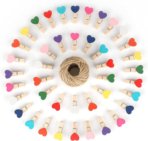 jijAcraft 100Pcs Clothespins with String, 1.4Inch Wooden Clothes Pins with Heart, 10 Colors Heart Clips, Mini Photo Clips with 98Ft Jute Twine, Cr...