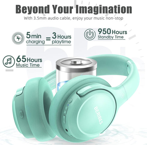 Bluetooth Wireless Headphones Over Ear,BERIBES 65H Playtime and 6 EQ Music Modes with Microphone,HiFi Stereo Foldable Lightweight Headset, Deep Ba...