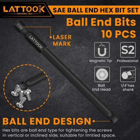 Ball End Hex Head Allen Wrench Drill Bit Set (10PCS SAE 5/16” to 5/64”), LATTOOK 10PCS SAE Ball End Hex Bit Set Allen Key Bit Set Hex Key Drill Bi...