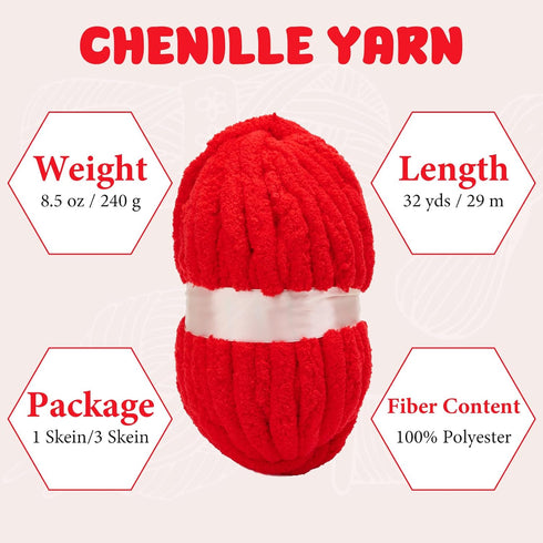 Red Chenille Chunky Yarn for Hand Knitting Fluffy Jumbo Chenille Yarn DIY for Crocheting Blanket Cushion 1 Skein (8.5 oz, 32 yds Each Skein)......