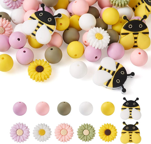 Cheriswelry Silicone Focal Beads Kits with 50pcs 15mm Round Silicone Beads for Pen & 5pcs Daisy Silicone Beads for Keychain Making & 4pcs Bees Sil...