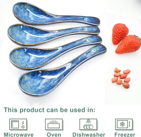 4 Pieces Soup Spoon Set, Asian Soup Spoon, Long Handle Ceramic Soup Spoons, Retro Blue Ramen Bowl Soup Spoon Suitable for Soup, Dumplings, Gravy, ...