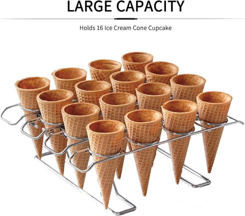 Cupcake Cones Baking Rack, 16-Cavity Stainless Steel Ice Cream Cone Stand Holder Foldable Cake Decorating Pastry Tray Waffle Cones Holder for Baki...