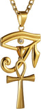 HZMAN Gold Stainless Steel Eye of Horus Egypt And Coptic Ankh Cross Religious Pendant Necklace 24" Figaro Chain...