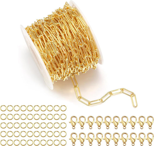 Forise 30 Feet Gold Plated Cable Links Chain 4mm Necklace Chains for DIY Jewelry Making,Necklace Chains Set with 20Pcs Lobster Clasps 50Pcs Jump R...