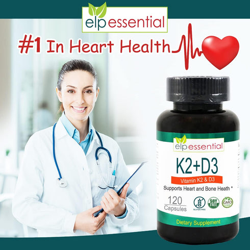 ELP ESSENTIAL Vitamin K2 with D3 Supplement Bone and Heart Health,Capsules K2+D3 Vitamins 120 Capsules...