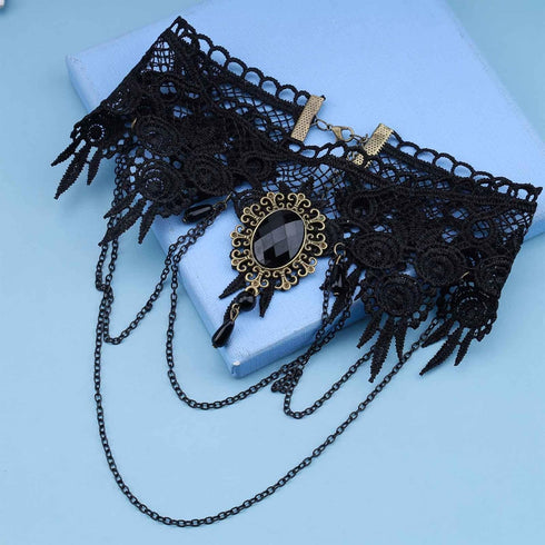 Boho Lace Choker Necklace Black Lace Tassel Necklace Choker Gothic Drape Crystal Lace Collar Necklace Vintage Black Cz Waterdrop Necklace Chain Je...