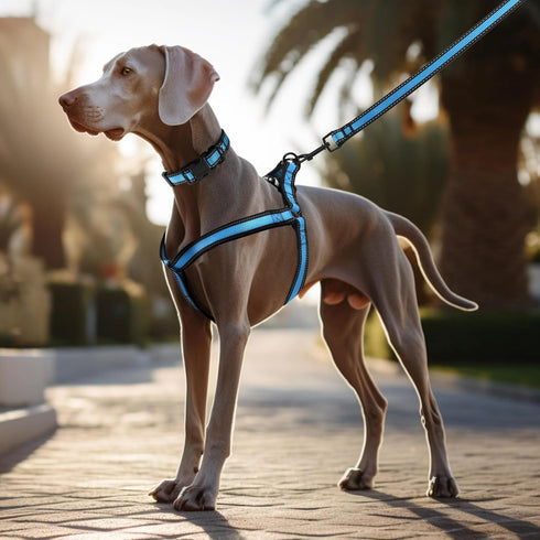 Mile High Life Night Reflective Double Adjustable Band Nylon Small Puppy Pet Dog Combo Collar Leash and Harness Set (Reflective Edge Blue, Large (...