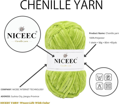 NICEEC 3 Skeins Soft Chenille Yarn Blanket Yarn for Knitting Fancy Yarn for Crochet Weaving DIY Craft Total Length 3×85m (3×93yds, 3×50g)_Spring G...