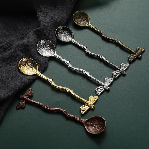 Gold Retro Dragonfly Spoon Coffee Spoon Teaspoon Stainless Steel Tableware Creative Sugar Spoon Tea Spoon Stir Bar Spoon Stirring Spoon,Cake Spoon...