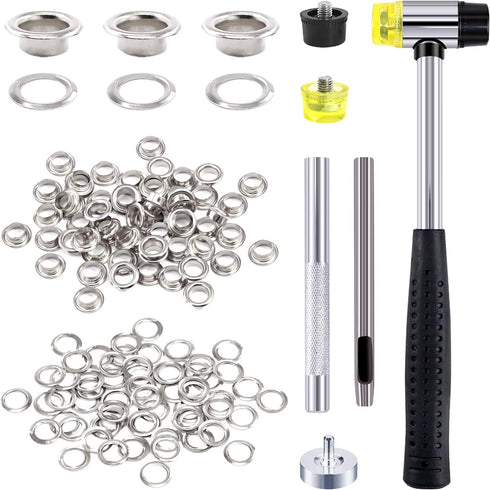 Rustark 200 Sets 1/4 Inch Silver Grommet Assortment Kit with 4 Pcs Setting Install Tool, 6mm Metal Eyelets Set in Storage Box for Clothes Shoes Ba...