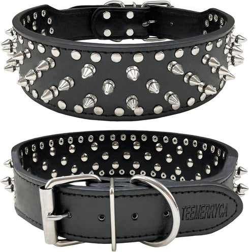 teemerryca Sturdy Wide Black PU Leather Silver Spiked Dog Collars with a Squeak Ball for Medium Large Breed Boy Pet, Pit bulls/Bulldog/Boxer/Dober...
