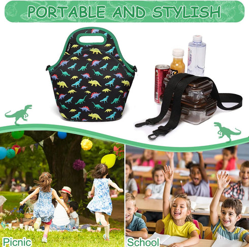 VASCHY Lunch Bag for Children, Neoprene Insulated Lunch Box Bag Tote with Detachable Adjustable Shoulder Strap in Cute Dinosaur...