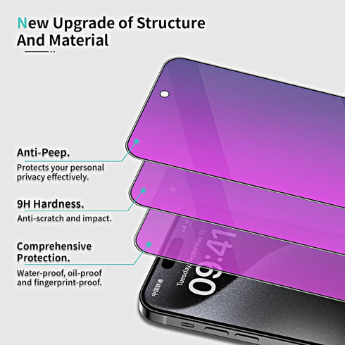 2 Pack Purple Privacy Screen Protector for iPhone 15 Pro 6.1 inch, 9H Anti-Spy Tempered Glass, Easy Installation, High Sensitivity, Case Friendly...