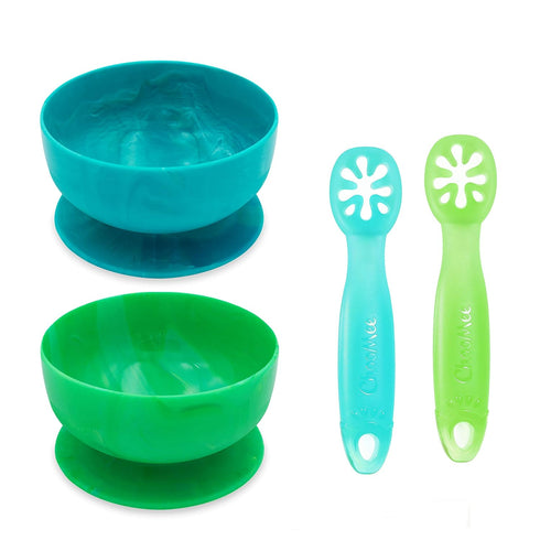 ChooMee Baby Suction Bowls & FlexiDip Learning Utensil Set, 4 CT Small, Aqua Green...