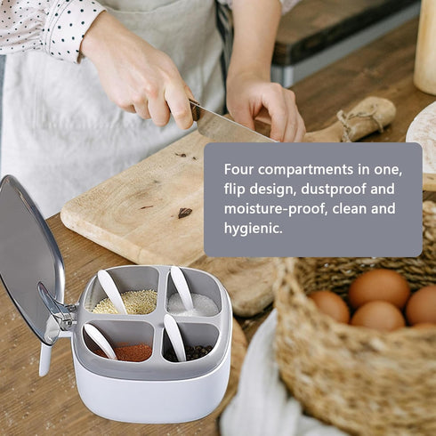 Seasoning Box with Lid and Spoon, 4 Compartment Spice Pots with Handle for Household kitchen for Salt Sugar Pepper Powder, Leakproof, Easy to Clea...
