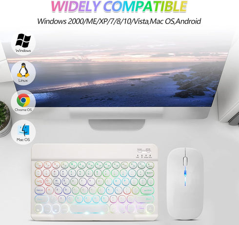 Ultra-Slim Bluetooth Keyboard and Mouse Portable Mini Wireless Keyboard Rechargeable 7-Color Backlit for Apple iPad iPhone Samsung Tablet iPhone S...