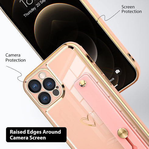 KANGHAR Designed for iPhone 13 Pro Max Case with Strap Luxury Love Heart Plating Gold Bumper Phone Cover Wristband Kickstand Full Body Protective ...