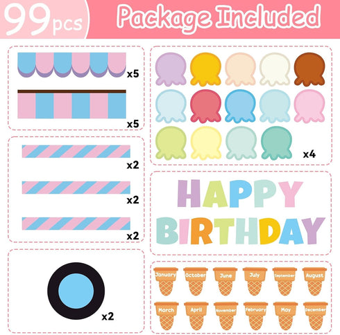 99Pcs Summer Ice Cream Birthday Bulletin Board Set Classroom Happy Birthday Chart Cutouts Name Plates Decoration for Calendars Bulletin Boards Wal...