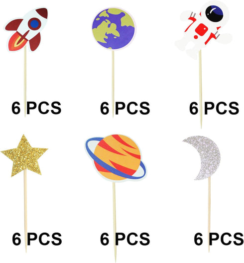 Ercadio 36 Pack Space Astronaut Cupcake Toppers Rocket Planet Trip to the Moon Cupcake Picks Baby Shower Boys Girls Birthday Outer Space Themed Pa...