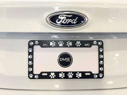DMSE Animal Pet Dog Cat License Plate Frame For Your Car Automobile Easy Installation Durable Universal Fit (Black With White Paw)...