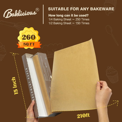 Unbleached Parchment Paper Roll for Baking, 15 in x 210 Ft, 260 Sq.Ft, Non-stick Baking Paper, Food Grade Cooking Paper for Bread, Cookies, Heat P...