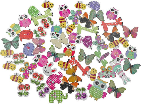 Kinteshun Wooden Buttons Natural Wood 2-Holed Fastener Buttons for Sewing Knitting Handcraft(100pcs,Assorted Cartoon Animals Printing Patterns)...