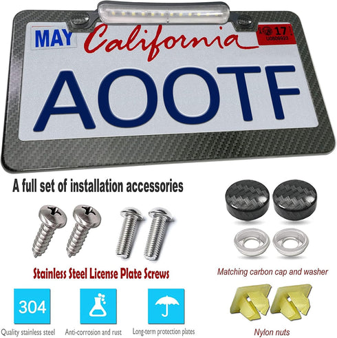 AOOTF License Plate Frame with Light Bar Assembly- License Plate Light Lamp Bulbs & Aluminium Carbon Fiber Car Tag Holder Mount Kit for Truck SUV ...