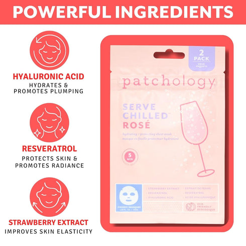 Patchology Serve Chilled Rosé Facial Sheet Mask - Hydrating Skin Care Treatment, Soothing Face Mask with Hyaluronic Acid, Skin Care Mask for Glowi...