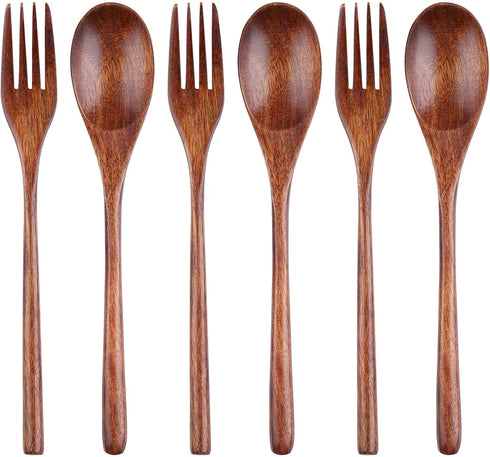 6 Pieces Wooden Spoons and Forks, 9" Korean Style Wooden Tableware, Kitchen Flatware for Food, Desserts, Soup, Salad, Fruit, Wood Cutlery for Trav...