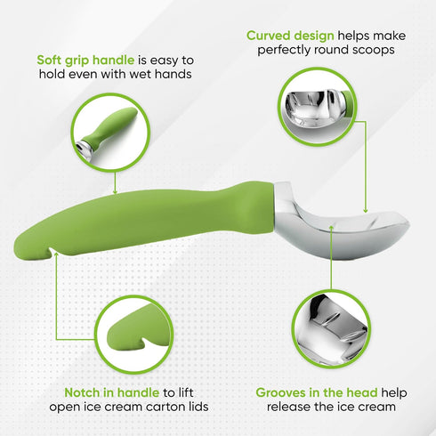 Spring Chef Green Heavy Duty Ice Cream Scoop with Non-Slip Handle - Professional Metal Ice Cream Scooper for Cookie Dough, Frozen Yogurt, Gelato, ...