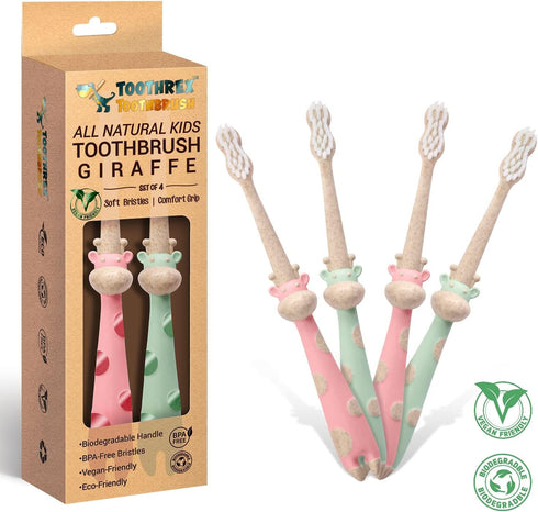 ROARex® All-Natural Eco Friendly Kids Toothbrush Made from Plants - Giraffe 4-36m - Baby to Toddler - Rose/Mint - 4pk | 1% for The Planet Product...