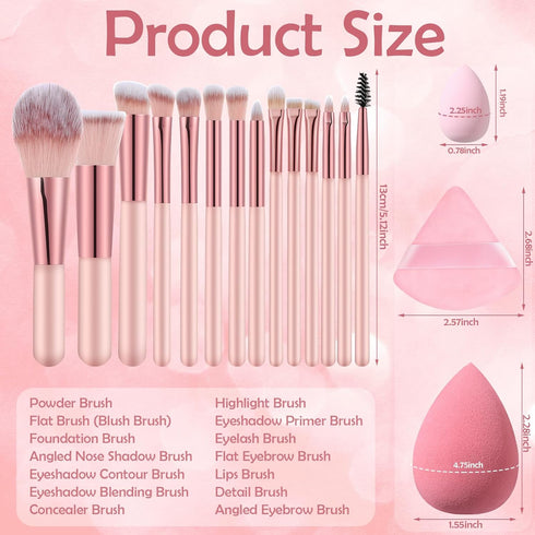 14 Pcs Small Travel Makeup Brush Set Portable Pink Make up Brushes with Case,5 Pcs Makeup Sponge,Valentine's Day Gift,Mother's Day Gift for Founda...
