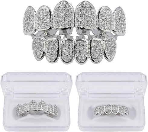 JINAO Grillz Grills for Your Teeth Simulated Diamond Teeth Grillz with Extra Molding Bars Included 18K Gold Plated All Iced Out Cubic Zirconia Gol...