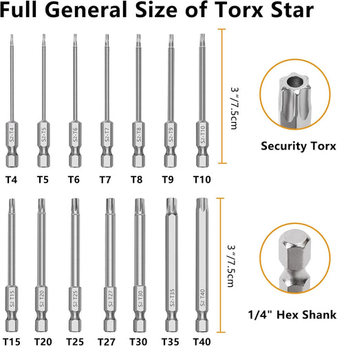 MulWark 14PC Security Torx Bit Set 3" Long Tamper Proof Star Screwdriver Bit Set 1/4" Hex Shank S2 Steel T4 - T40 Magnetic Impact Driver Drill Bit...