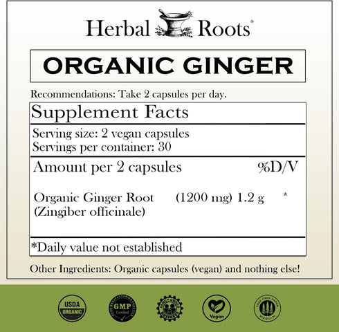 Herbal Roots Ginger Supplement | Organic Ginger Root Capsules | 1,200 mg of Pure Ginger Powder per Serving | 60 Vegan Capsules...