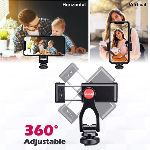 ULANZI Metal Phone Tripod Mount ST-10, Universal 360° Smartphone Adapter with 2 Cold Shoe Mount, Adjustable Cell Phone Clamp Stand Holder, Compati...